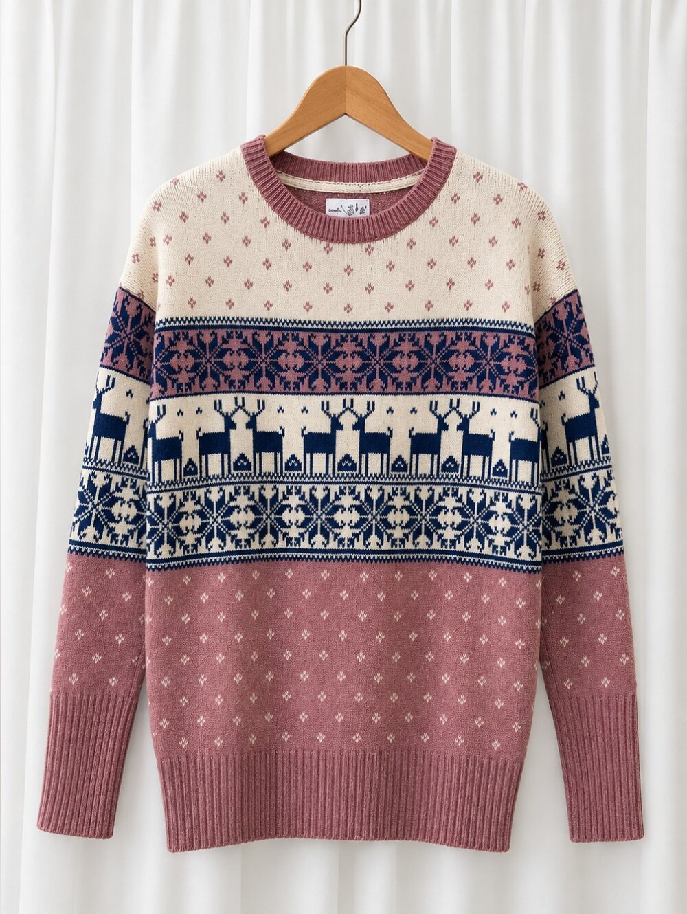 Shrinking Violet Rose Plum Reindeer Fair Isle Nordic Design Knit Sweater